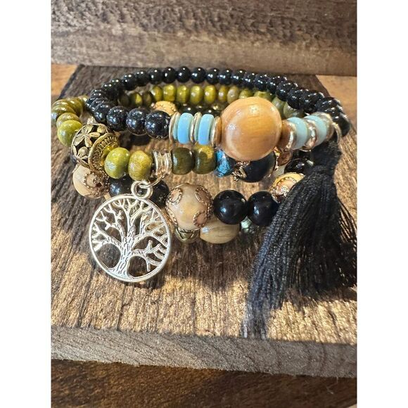 Boho Hippie Bracelet, Tassel Tree Of Life Pendant Stacked Wooden Bead Stretch B - Picture 1 of 8